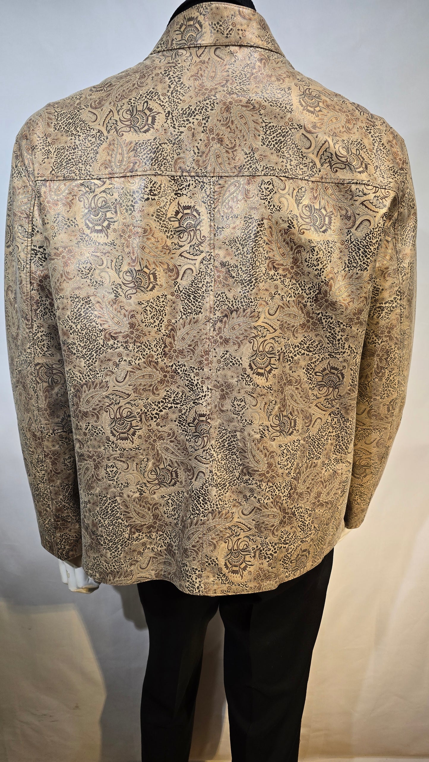 High Fashion reversible leather jacket- color bronze pastel with paisley printed on one side, other side is matt Carmel.
