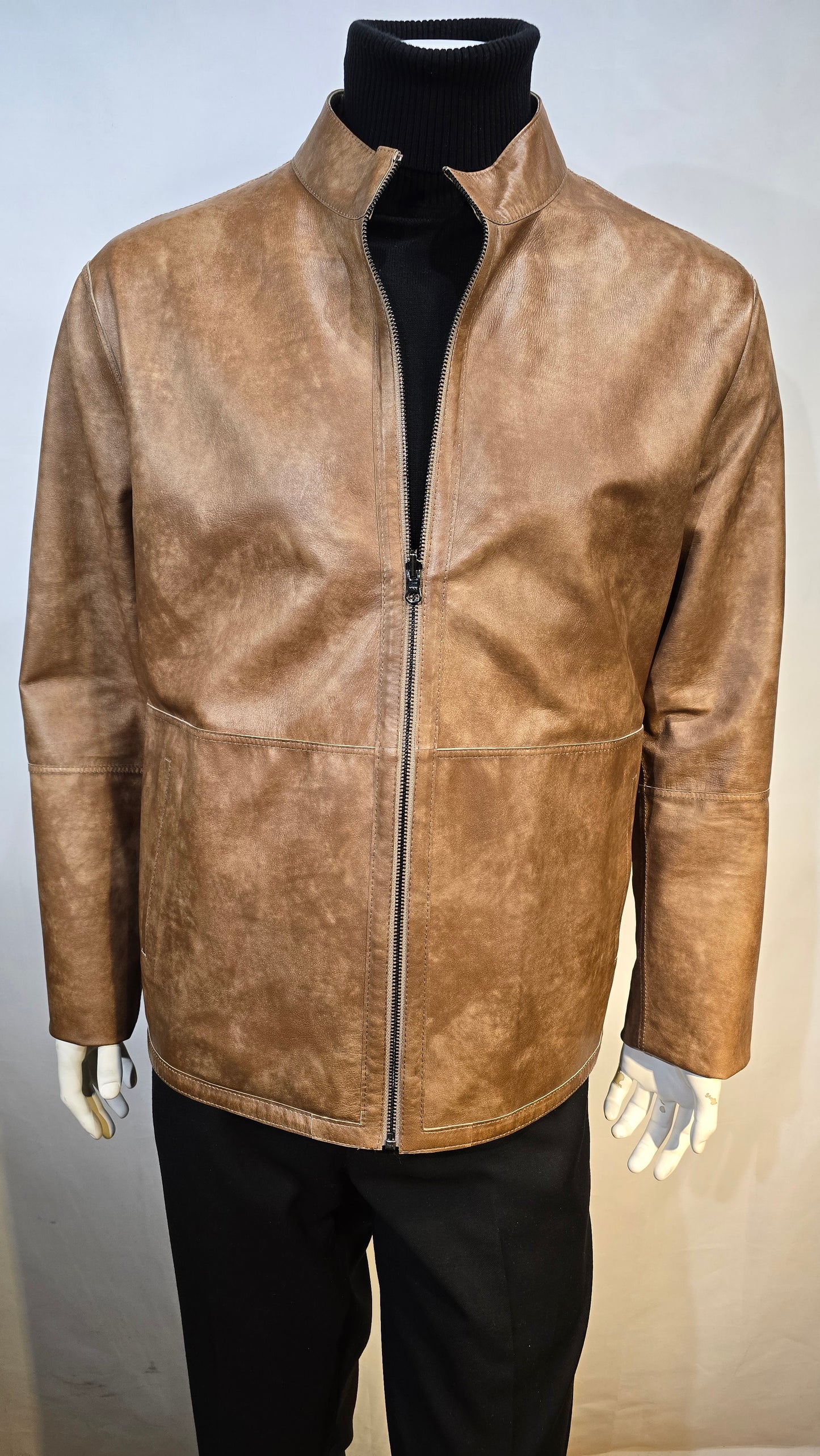 High Fashion reversible leather jacket- color bronze pastel with paisley printed on one side, other side is matt Carmel.