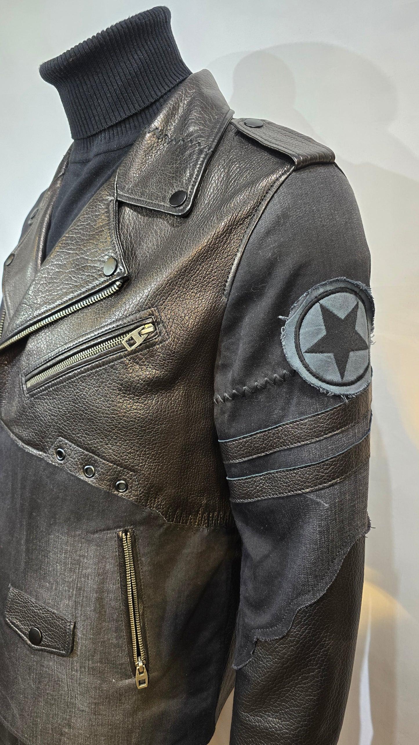 Cool Moto Design jacket with fine leather & denim. Amazing quality and attention to detail.