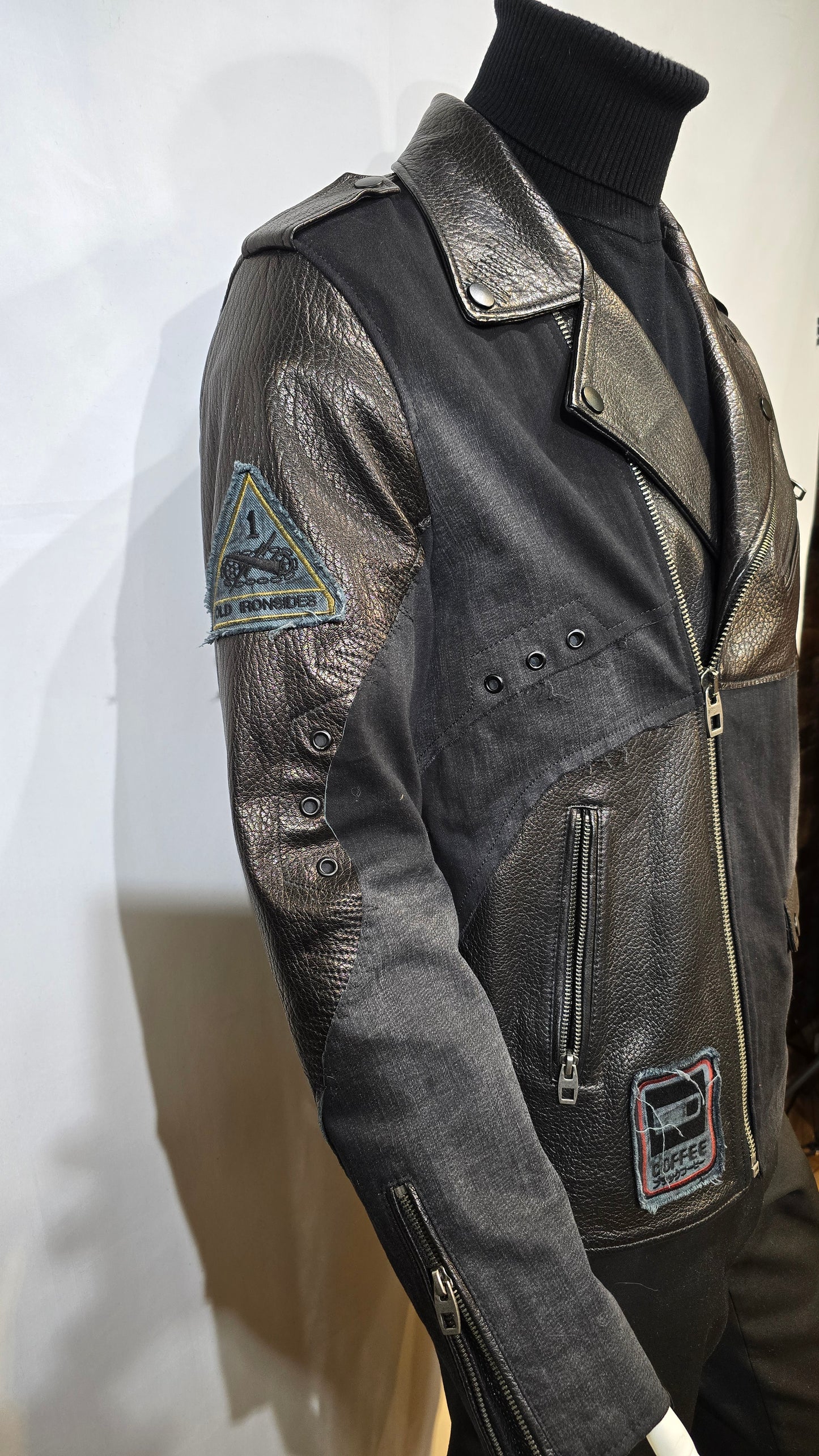 Cool Moto Design jacket with fine leather & denim. Amazing quality and attention to detail.