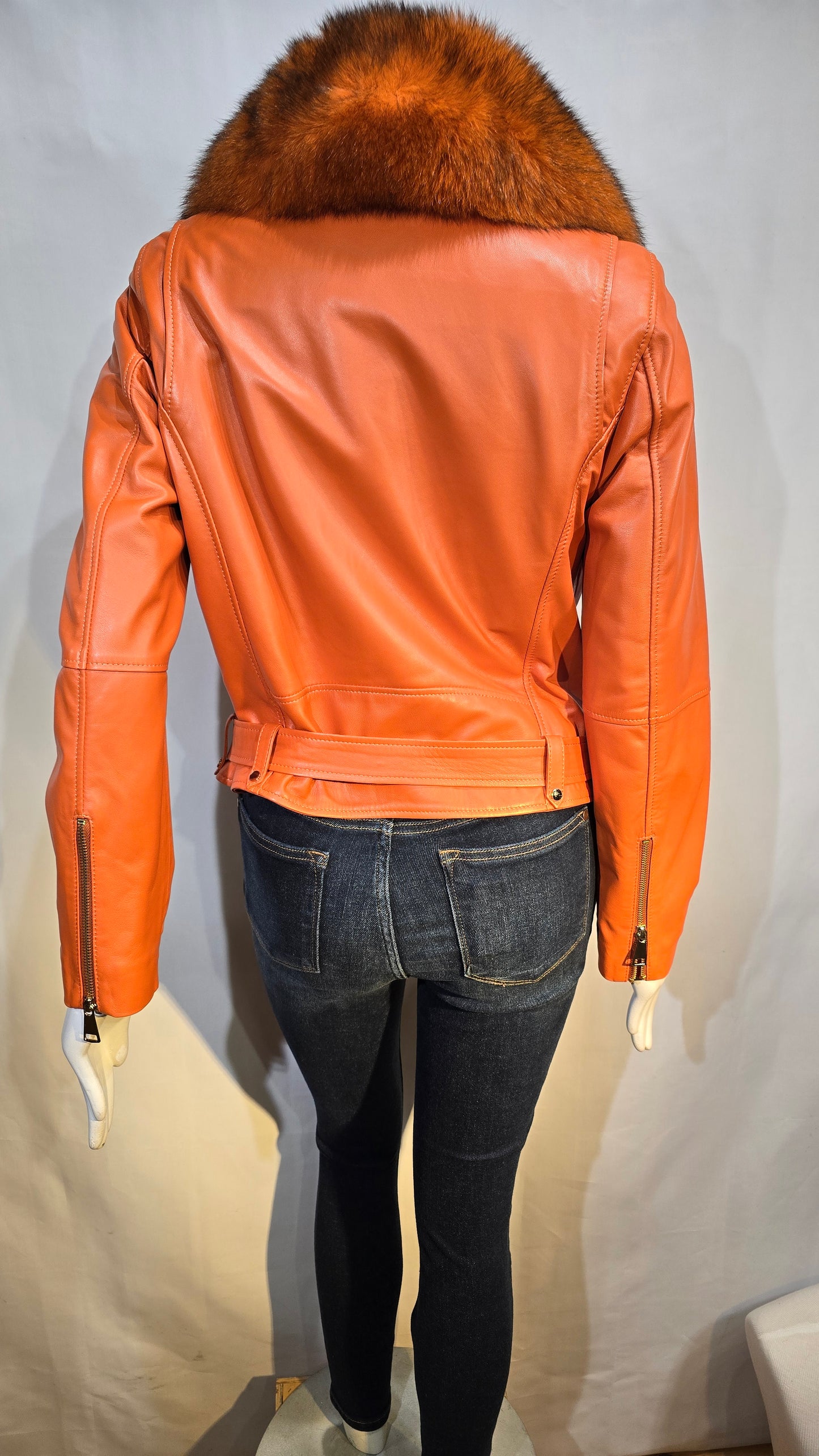 High Fashion Orange lambskin butter soft leather jacket with Fox fur.