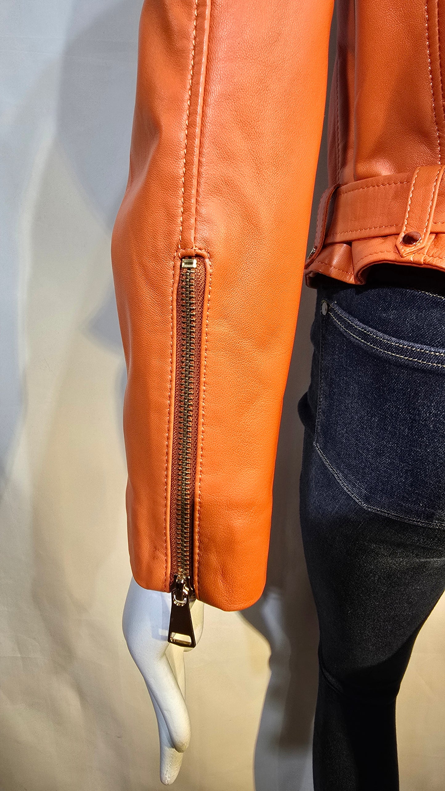 High Fashion Orange lambskin butter soft leather jacket with Fox fur.