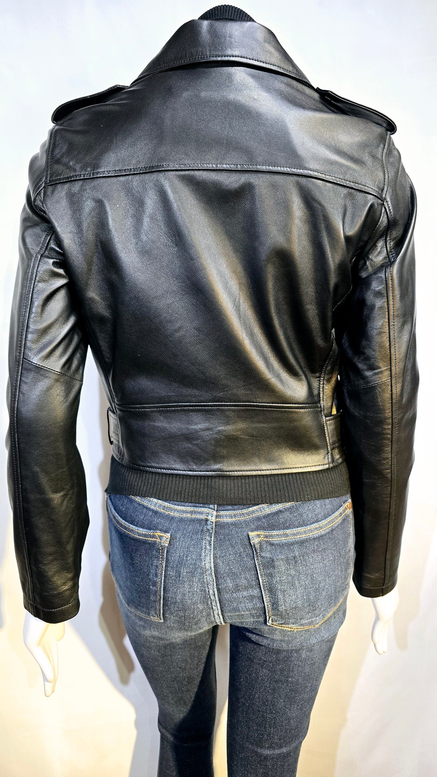 Black lambskin bikers jacket.