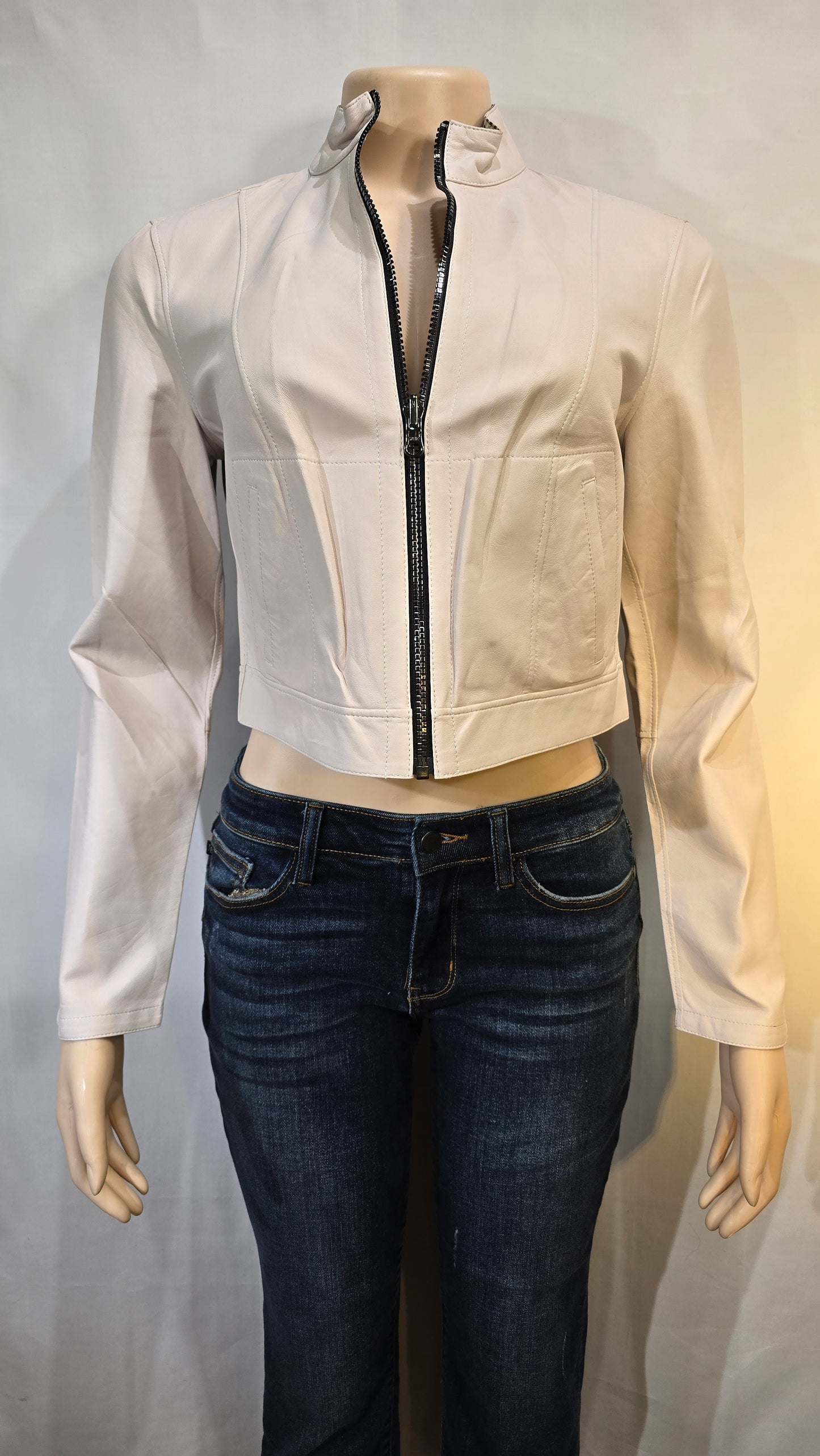 Off white lambskin leather high bikers jacket.