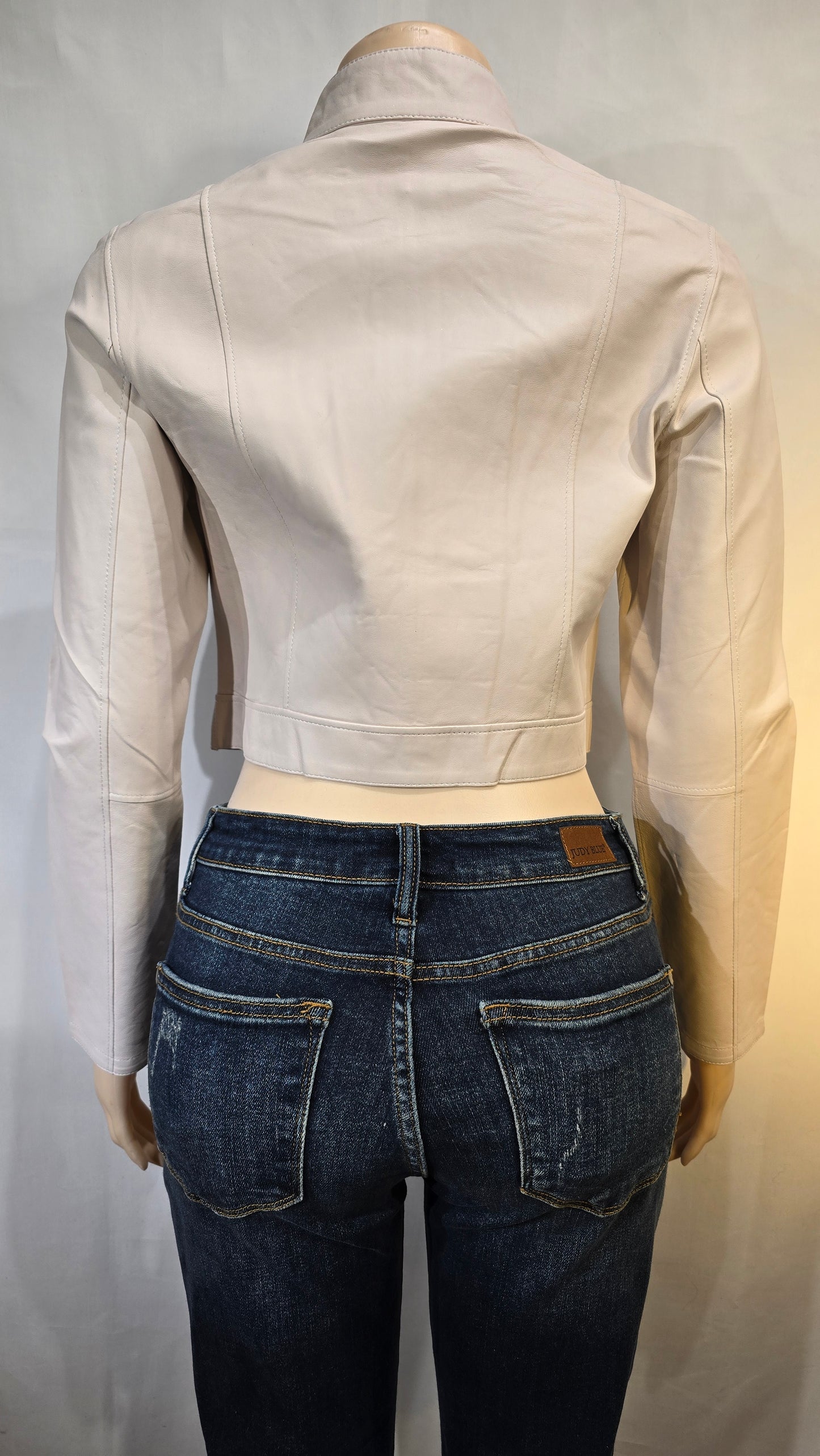Off white lambskin leather high bikers jacket.