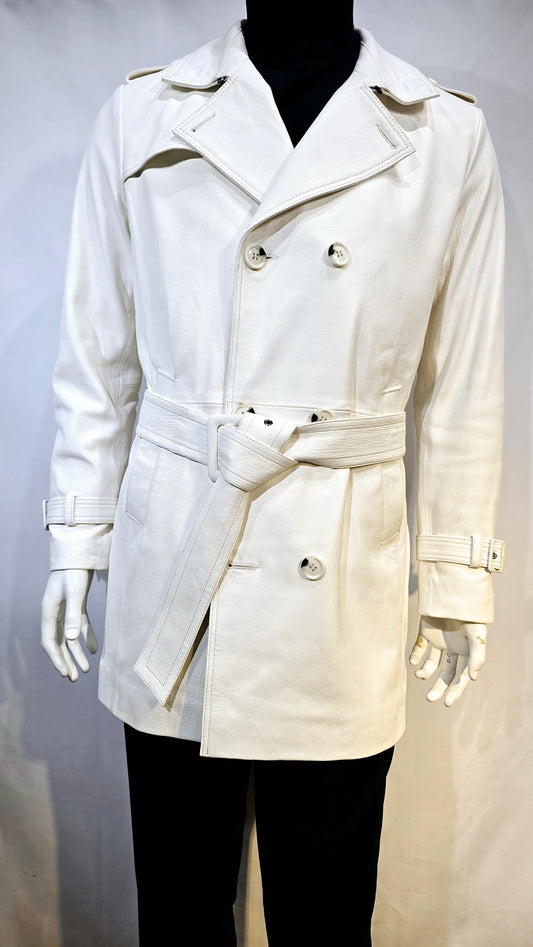 Double Breasted lambskin leather white Trench Coat.