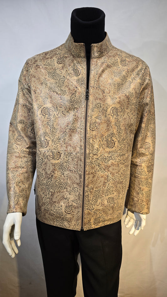 High Fashion reversible leather jacket- color bronze pastel with paisley printed on one side, other side is matt Carmel.
