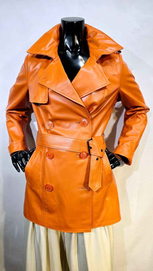Ladies beautiful orange lambskin leather DB Trench Coat. Amazing quality with wide collar, oversized buttons & cuff sleeves.