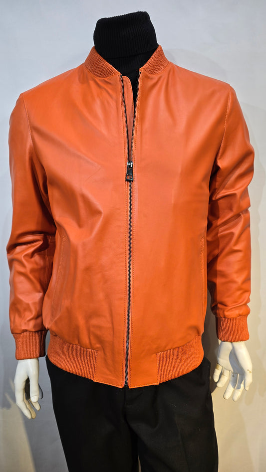 Bright Orange lambskin bomber leather jacket. Amazing color and style.