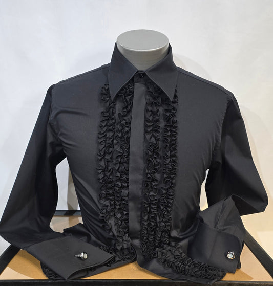 Beautiful high fashion classic black ruffle Tux shirt.