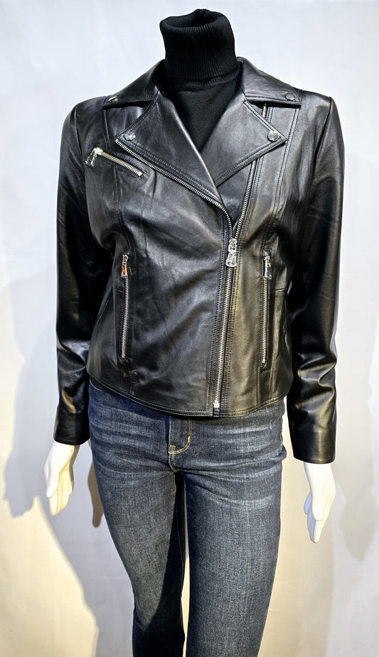 Black Moto design lambskin leather jacket.