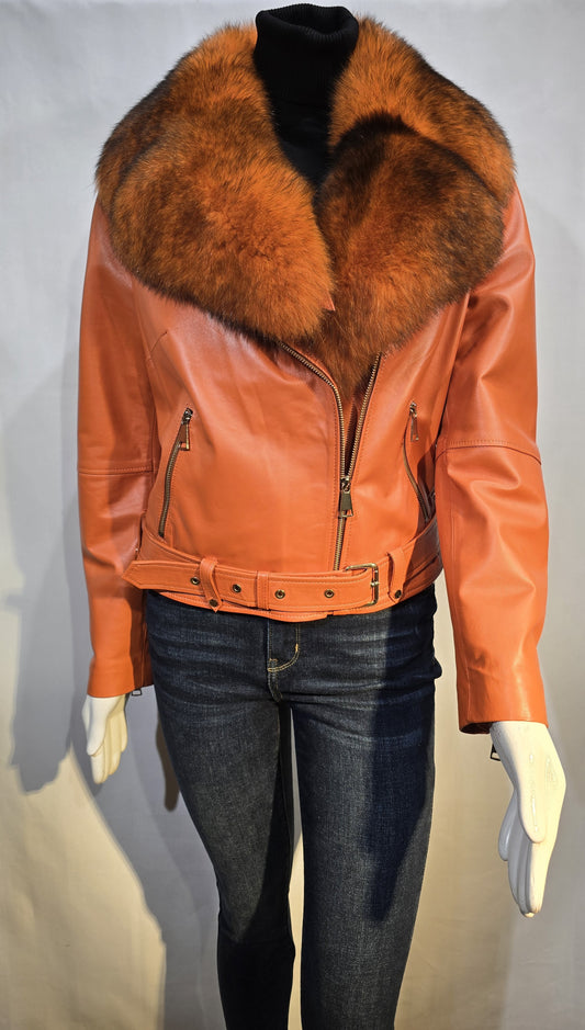 High Fashion Orange lambskin butter soft leather jacket with Fox fur.
