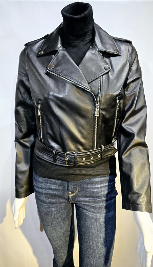 Black lambskin bikers jacket.