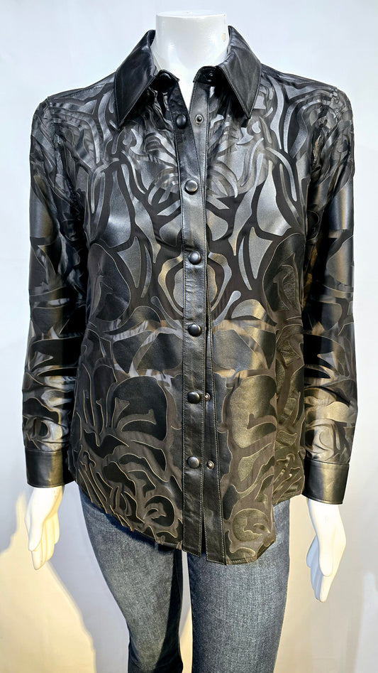 Amazing quality burnt out design lambskin leather blouse with snap button.