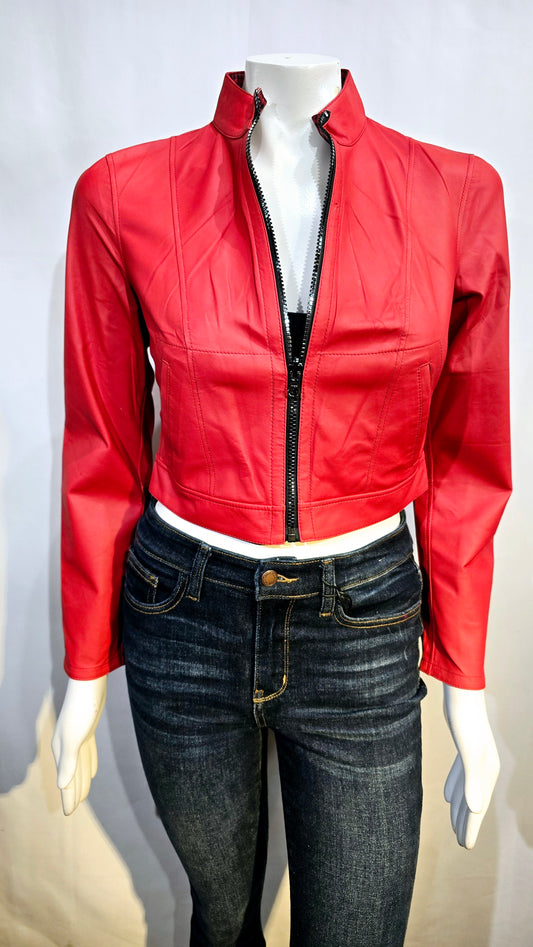 Red Fitted biker leather jacket.