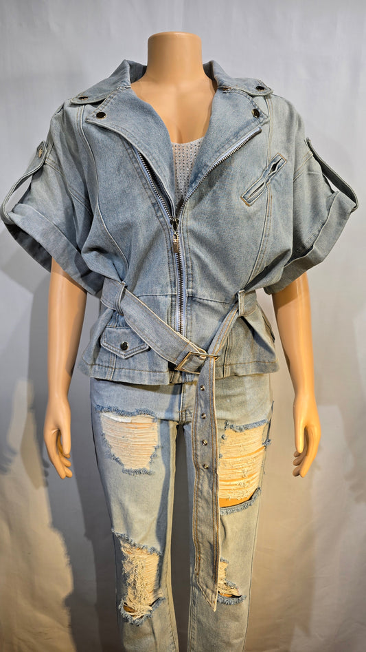 Fashionable oversized denim shirt/ jacket with denim belt.